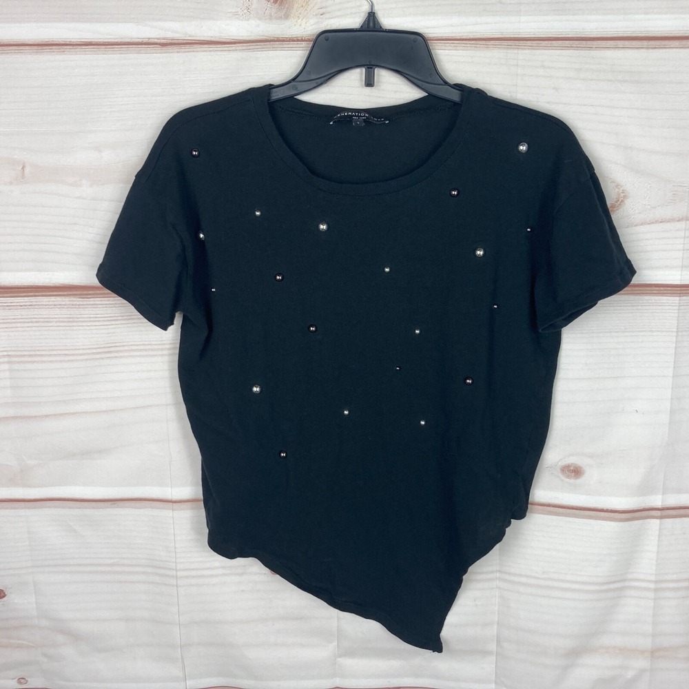 Generation Love Top Womens S Black Studded T-Shirt Short Sleeve Asymmetrical Hem